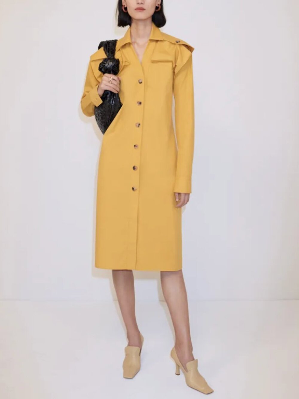 $1850 Bottega Veneta Yellow Pre-Spring 2020 Military Midi Button Dress IT 36/0